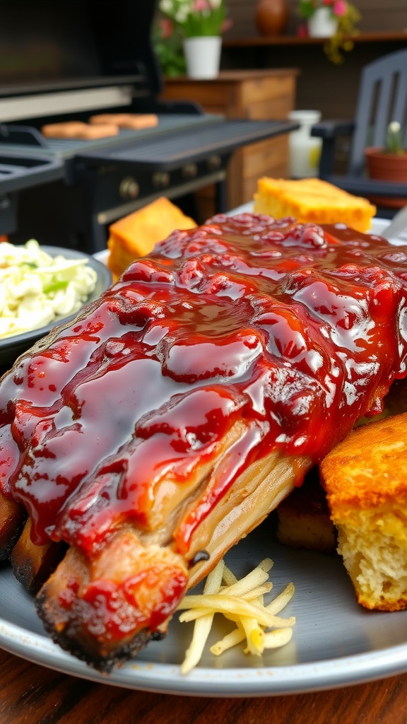 Delicious smoky BBQ ribs on a platter with coleslaw and cornbread.